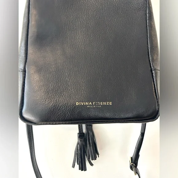 DIVINA FIRENZE Black Leather Tassel Bucket Bag | Small/Mini | Made in Italy - Picture 3 of 9